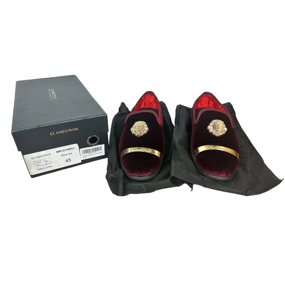 ELANROMAN Men's Loafers Wine Red Velvet With Gold Accent Dress Shoes_SZ 11‎ EU45